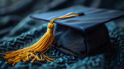 A black graduation cap with a tassel hanging from it, symbolizing academic achievement, accomplishments