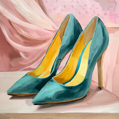 Generate teal-colored velvet shoe pair and mid-size heels and velvety yellow occur inside material in the pumps with pastel pink background. acrylics on canvas painting style; aesthetically pleasing