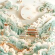 Chinese Landscape Art in Soft Pastels with Auspicious Clouds: 3D Graphic Illustration Style on White Background