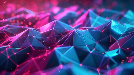 Canvas Print - Vivid abstract geometric landscape with glowing particles in blue and pink hues.