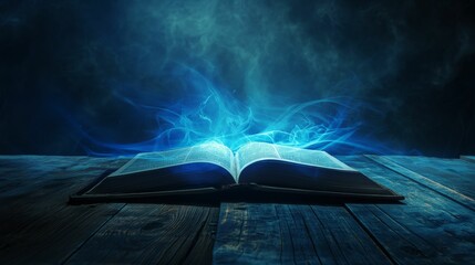 Wall Mural - Mystical image of an open ancient book emitting glowing blue magical particles on a rustic wooden table.