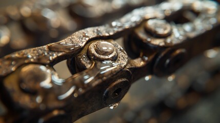 Image of a metallic bike chain with intricate details and oil droplets, set against a bokeh background.