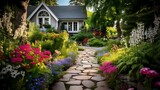 Fototapeta Lawenda - Tranquil Garden Vista: Summer Blooms, Stone Pathway in Cottage Retreat