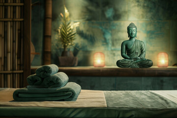 Wall Mural - Photo scene daybed with towels in thai massage parlor. Buddha figure on background. Wooden wall material. Minimalistic modern zen style of design with dark green and beige colors