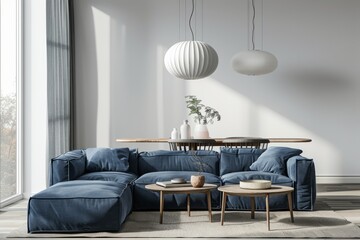Wall Mural - Modern Living Room Interior with Blue Sofa and Elegant Pendant Lights