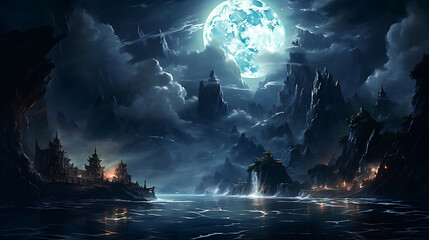 Wall Mural - A thunderous, moonlit seascape where towering waves crash against the cliffs, and the moon's reflection on the tumultuous water adds a peaceful contrast to the scene's raw power.