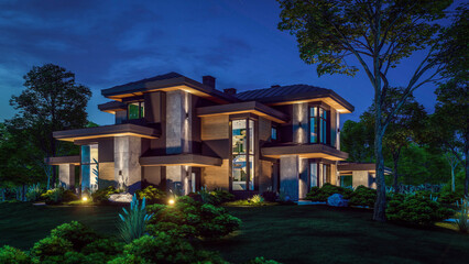 3d rendering of modern two story house with gray and wood accents, large windows, parking space in the right side of the building. Clear summer night with many stars on the sky.