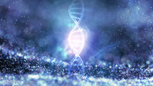Glowing 3d Dna Chain Double Helix On Blurred Blue Abstract Dotted Illustration Background.