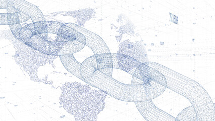 blue digital computer 3d chain with earth planet isolated on blue illustration background.