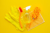 Fototapeta Mapy - Chemical cleaning supplies bottles and tools. Cleaning service concept