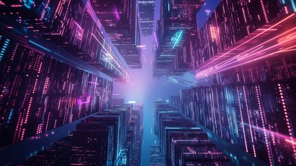 Wall Mural - Futuristic cityscape with neon lights and skyscrapers in a virtual reality setting.