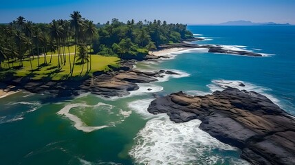 Wall Mural - Aerial drone view of Pernambuco's tropical coastline with palm trees.