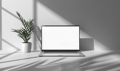 Poster - minimalist office scene with a sleek laptop mockup on a bright white screen