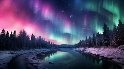 Wall Mural - The playful dance of northern lights over a snowy Lapland forest, where the green and pink lights illuminate the snow-covered trees and frozen lakes in a spectacular natural light show.