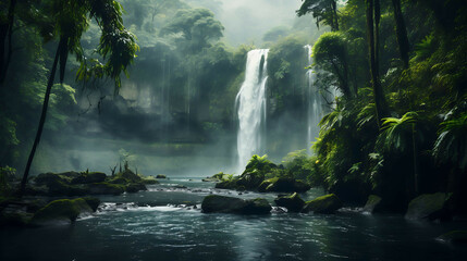 Wall Mural - The powerful rush of a high waterfall plunging into a mist-covered pool below, with the lush greenery of the surrounding forest enhanced by the soft, diffused light of an overcast day.