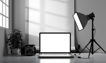 Poster - Illustrate a minimalist studio setup highlighting a laptop mockup on a white screen