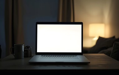 Poster - Craft a modern room scene with a sleek laptop glowing on a bright white screen
