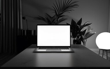 Poster - Craft a modern room scene with a sleek laptop glowing on a bright white screen