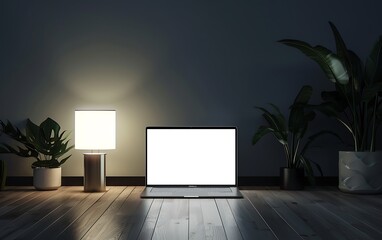 Poster - Craft a modern room scene with a sleek laptop glowing on a bright white screen