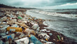 Pile of washed up plastic waste at a beach, overcast day. Ocean pollution concept. Generative AI