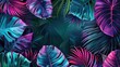 A tropical elegant frame made of exotic emerald leaves and neon lighting. Stylish fashion banner. Plants illuminated with purple, orange, pink fluorescent light.