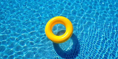 yellow swimming pool ring floating in calm blue water. 