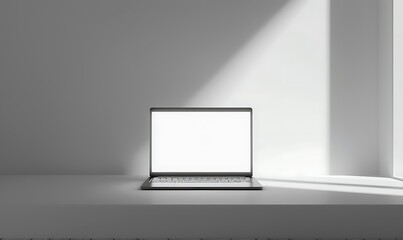 Poster - minimalist room environment highlighting a laptop mockup on a bright white screen