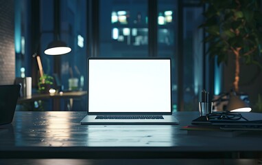 Poster - office scene with a modern laptop glowing on a sleek white screen
