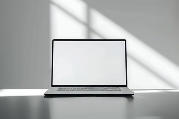 Poster - studio mockup with a minimalist laptop against a bright white screen backdrop