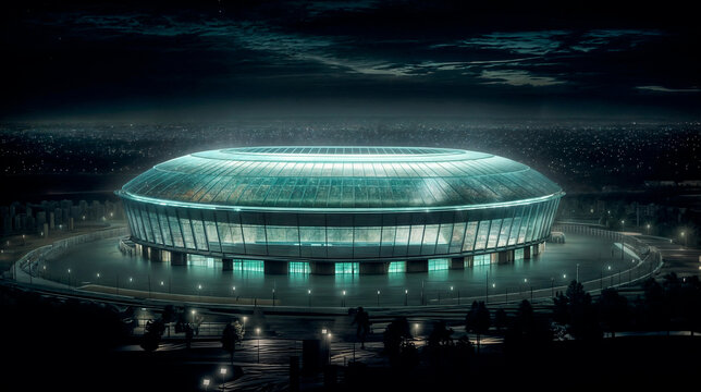 The image depicts a large, circular stadium lit up at night. The stadium has a glass exterior.