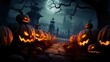 Spooky Night: Jack O' Lanterns Illuminate Graveyard Under Moonlight