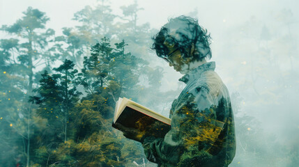 Wall Mural - Young man reading a book, double exposure with forest. Imagination and fantasy concept