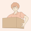 Young man holding boxes in hands, moving to house or new apartment, changing office. Delivery courier man with package parcel box. Hand drawn flat cartoon character vector illustration.