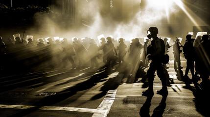 Wall Mural - Special police forces or army on the street, anti-riot operation