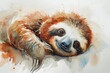 Watercolor Painting of a Cute Sloth Resting Leisurely