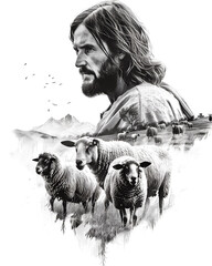 Wall Mural - Double exposure image of Jesus Christ, the good shepherd and flock of sheep