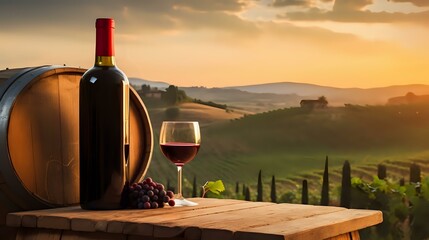 Sunlit Terrace Winery: Red Wine Bottle on Wooden Barrel in Italy