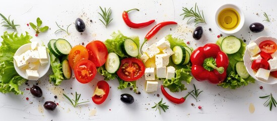 Wall Mural - Greek salad ingredients including red tomatoes, peppers, cheese, lettuce, cucumber, olives, and olive oil displayed on a white background.