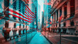 American flag, symbolizing the nation's identity and values, alongside iconic imagery of Wall Street, the epicenter of financial activity and market dynamics in the United States. 