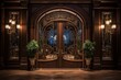 Elegant Cigar Lounge Entrance with Rich Mahogany Doors, Detailed Ironwork, and Soft Ambient Lighting