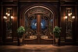 Fototapeta Londyn - Elegant Cigar Lounge Entrance with Rich Mahogany Doors, Detailed Ironwork, and Soft Ambient Lighting