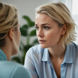 © Svetlana  - An adult woman sits in a psychotherapist's office and discusses her problem. Close-up portrait of a woman in a psychologist's office. Counseling about problem at therapy session.
