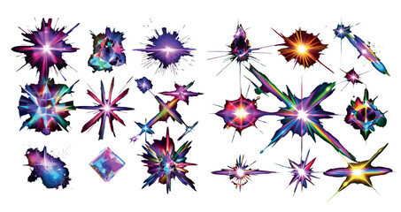 Poster - . Abstract diamond caustics, lens illumination effects, and  crystal flare overlay modern set. Bright rays of light and colorful light effects.