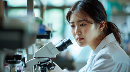 A Korean female life science researcher in her 30s is wearing a white coat while conducting research in a laboratory. close-up, portrait