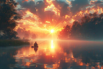 Sticker - Man practicing solitary fishing at a tranquil lake during early summer dawn