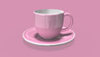 3d pink farbene Tasse mit Untertasse, Teller in weiß auf transparenten Hintergrund, freigestellt