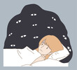 Sleepless woman lying in bed, having insomnia, bad dreams, thoughts, nightmares, fear of darkness. Spooky shadow surrounded by big evil eyes. Hand drawn flat cartoon character vector illustration.