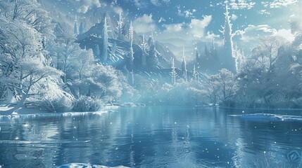 Frozen winter wonderland with dreamy landscapes. Created digitally using 3D software.