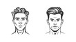 © SUPREME - Black and white line drawing illustration of the front view of a male face with different hair styles in simple lines. AI generated.