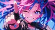 Closeup of an anime girl winking and making the peace sign with her fingers, pink hair with blue highlights, vibrant colors, pink eyes